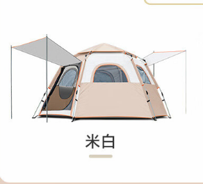六角帐篷 户外全自动自动帐篷 双门四窗野营帐篷 5-8人 米白色